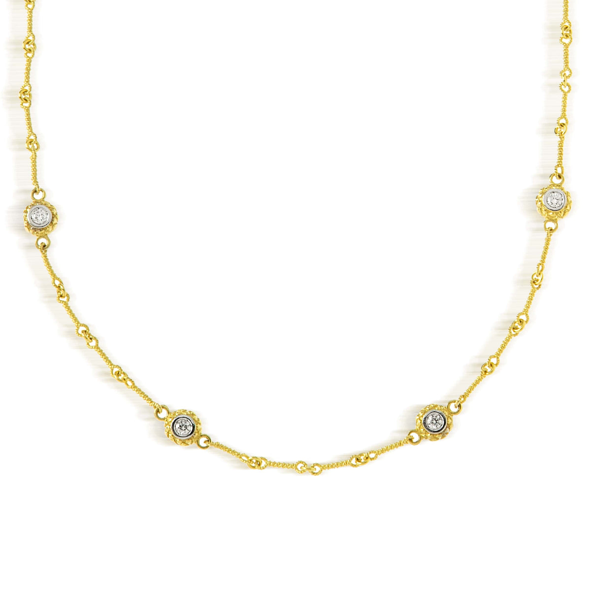 18K yellow gold four double sided diamond bezel chain necklace, close-up of the diamond stations
