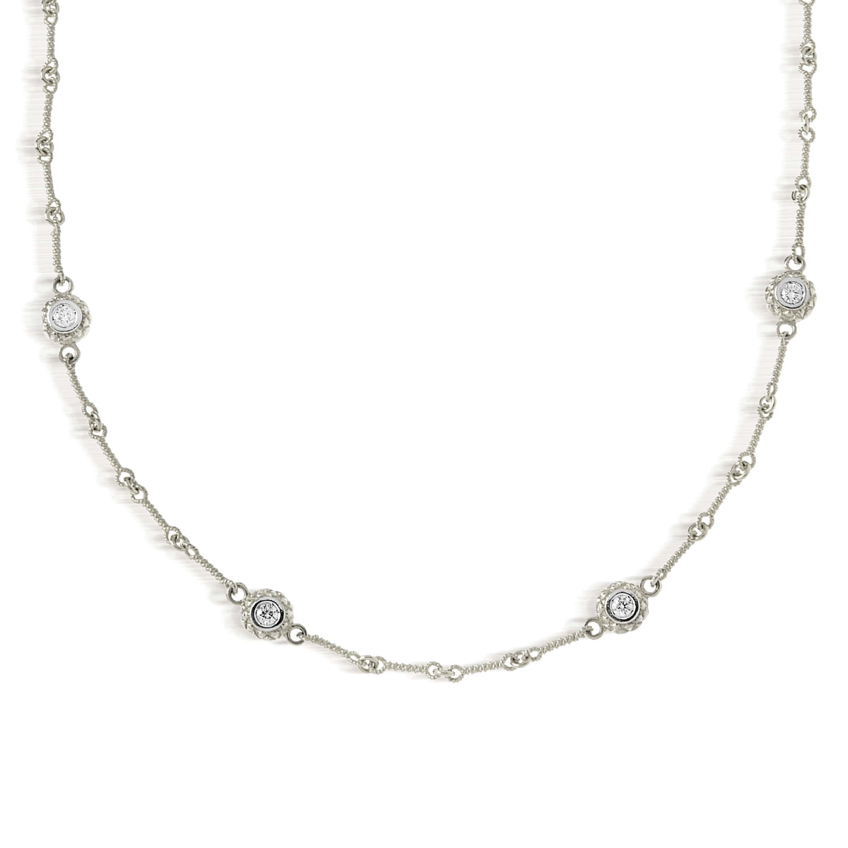 18K white gold chain necklace with four double sided diamond bezel stations, front view