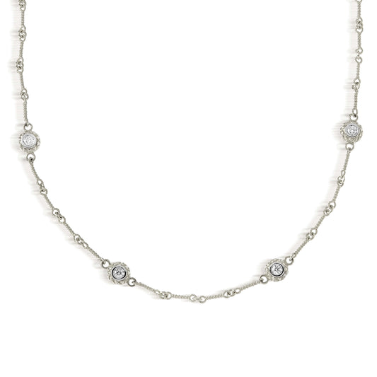 18K white gold chain necklace with four double sided diamond bezel stations, front view