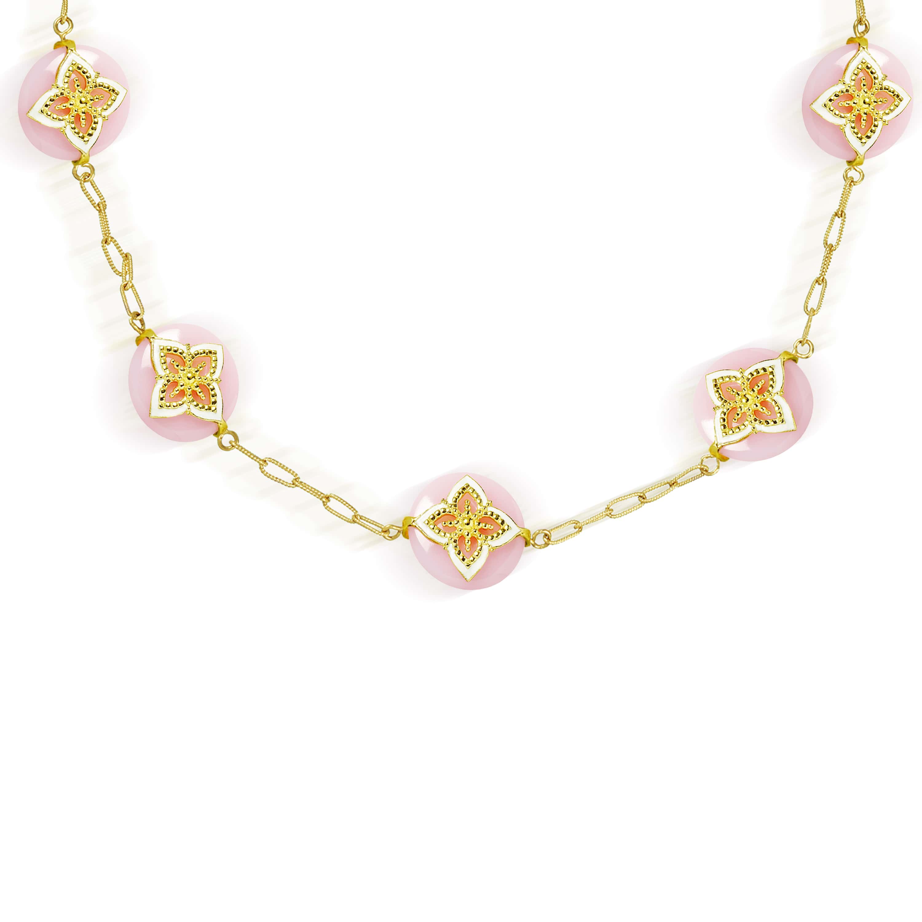 Stambolian Candy 18K Gold Station Necklace with Pink Peruvian Opal and White Enamel Close-Up