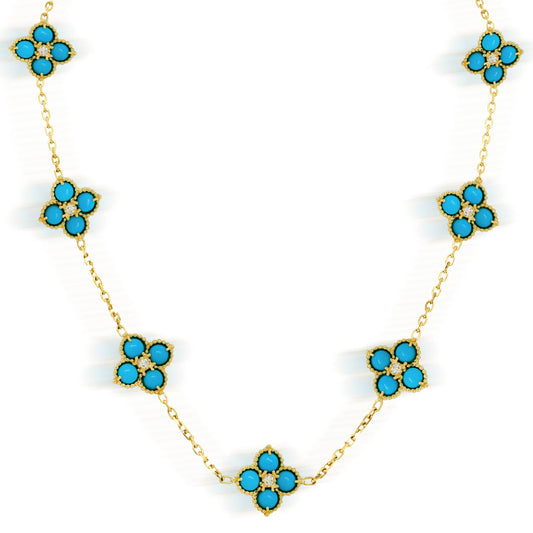 "Happiness" 18K gold necklace with Sleeping Beauty turquoise flowers and diamonds, front view