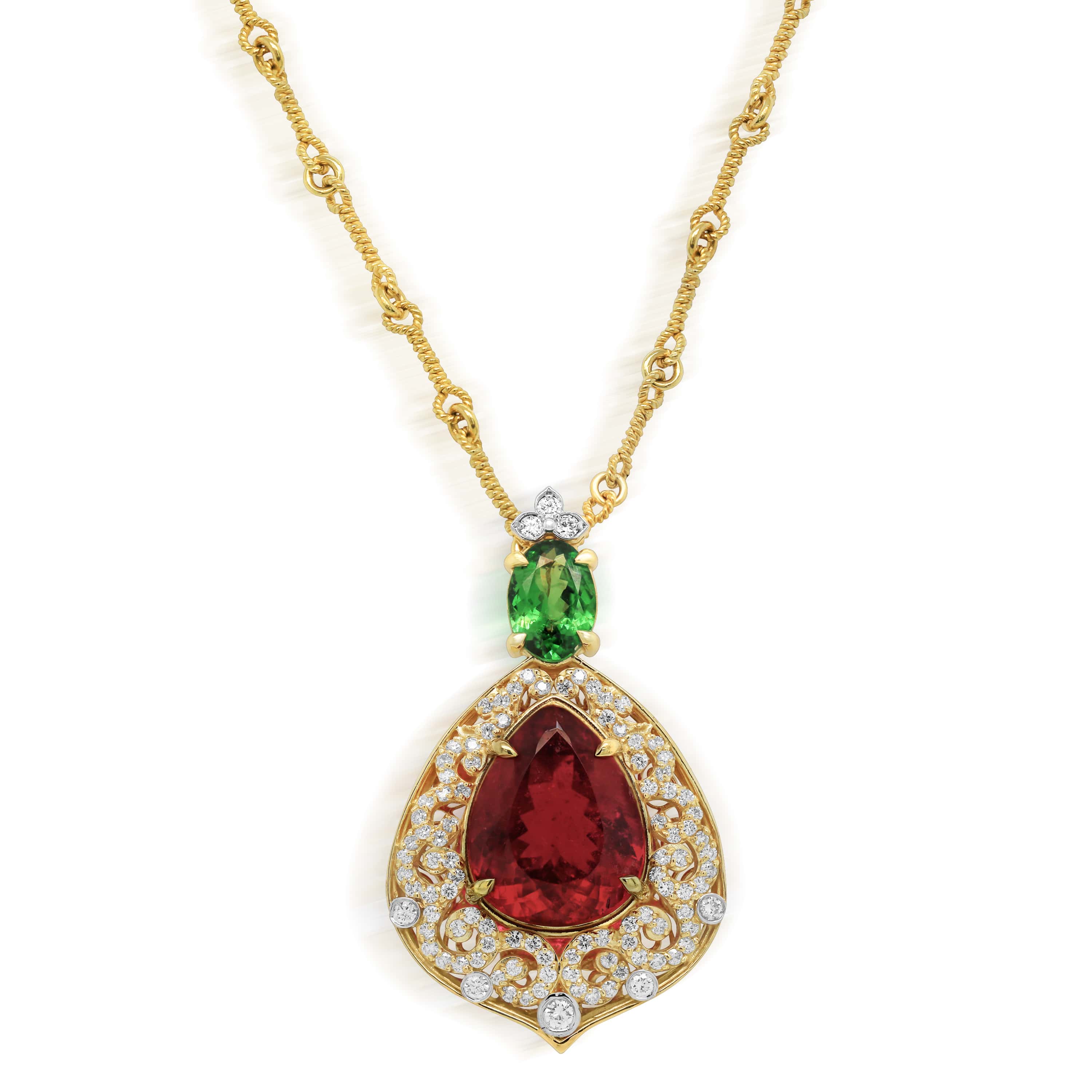 Stambolian 18K Two-Tone Gold Rubellite Tsavorite Diamond Pendant Necklace