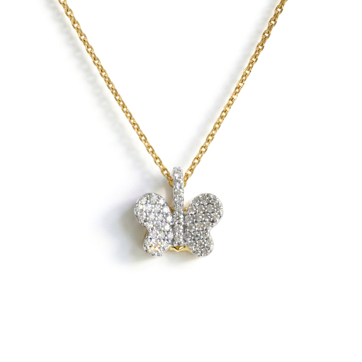 18K two-tone gold and diamond butterfly charm pendant, small size, pavé wings, shown with its chain