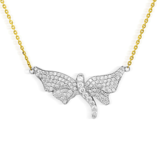 "Dragonfly" diamond pendant necklace in 18K two tone gold on a yellow gold chain, front view
