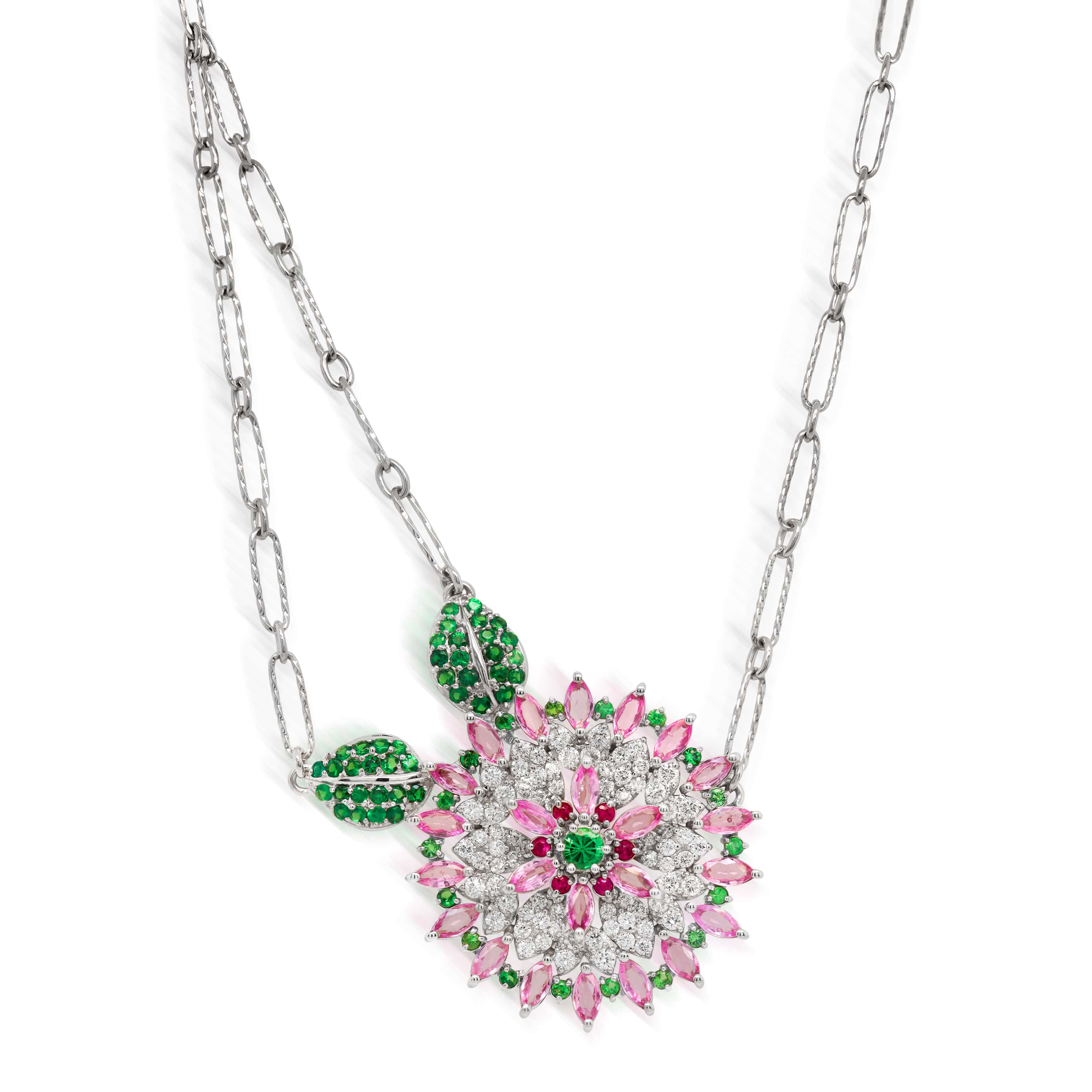 Stambolian Blooming Orchid 18K Gold Pink Sapphire Tsavorite Diamond Pendant Front View