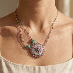 Blooming Orchid Pink Sapphire Tsavorite Diamond Pendant