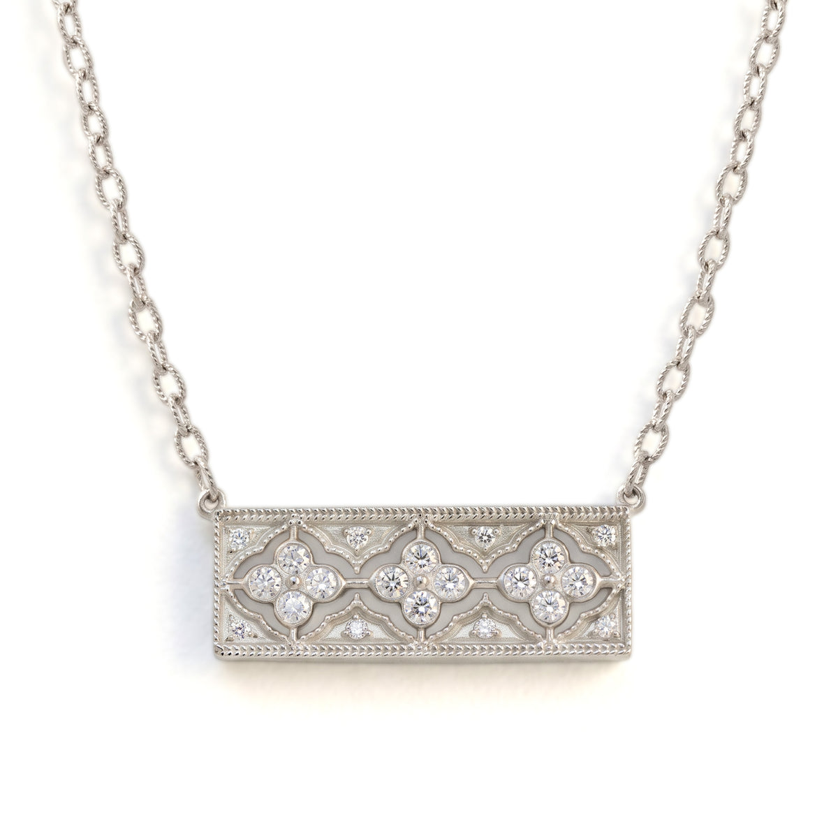 "Passion" diamond bar pendant necklace in 18K white gold, front view shown with its chain