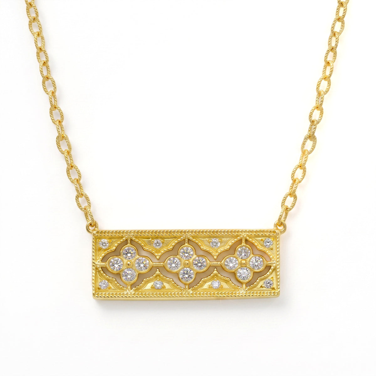 Passion bar pendant necklace in 18K gold with diamonds, front view on chain
