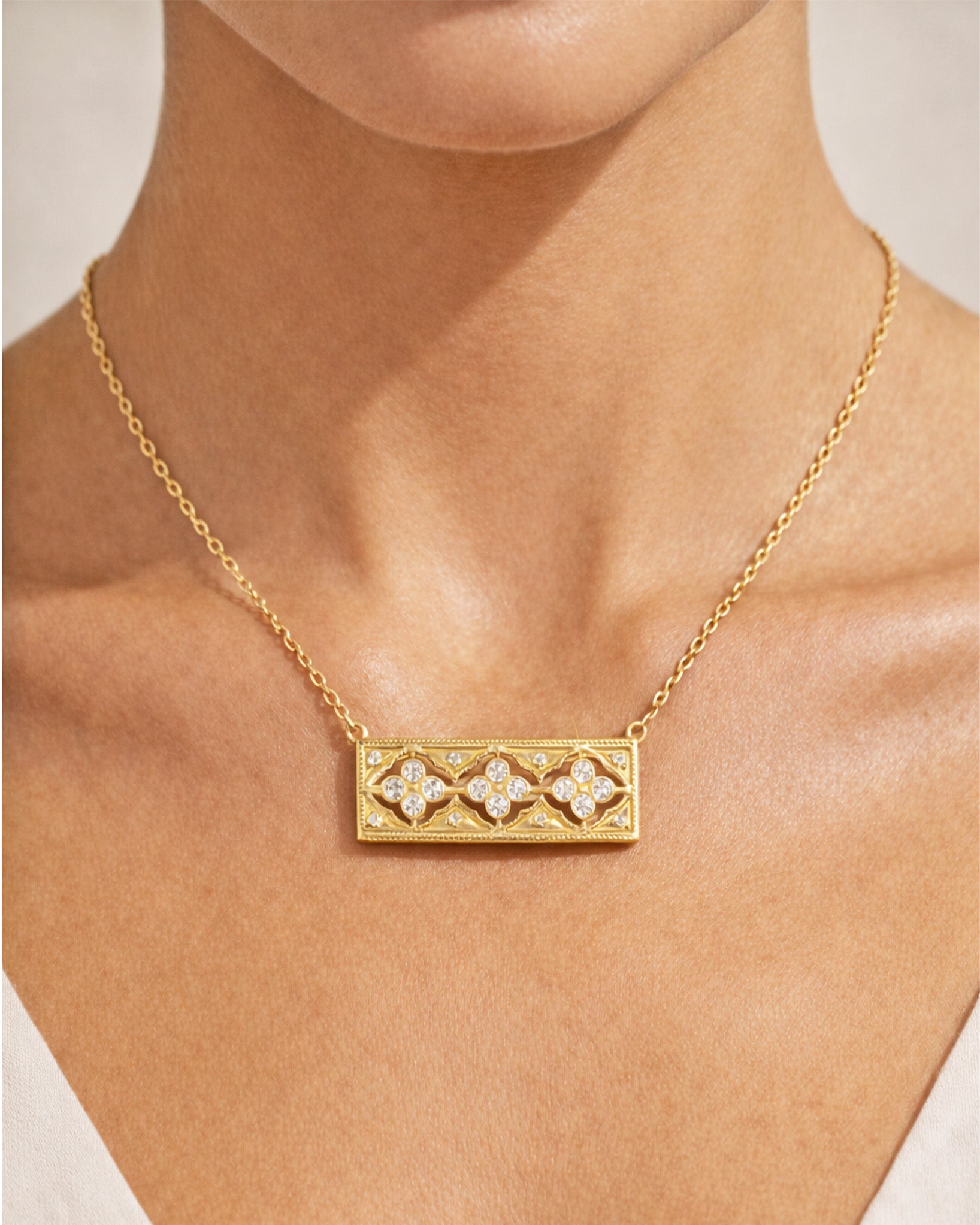 Stambolian Passion 18K Gold Diamond Bar Pendant Close-Up Showing Scrollwork