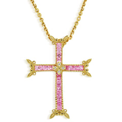 PINK SAPPHIRES DIAMONDS 18K GOLD LARGE CROSS PENDANT