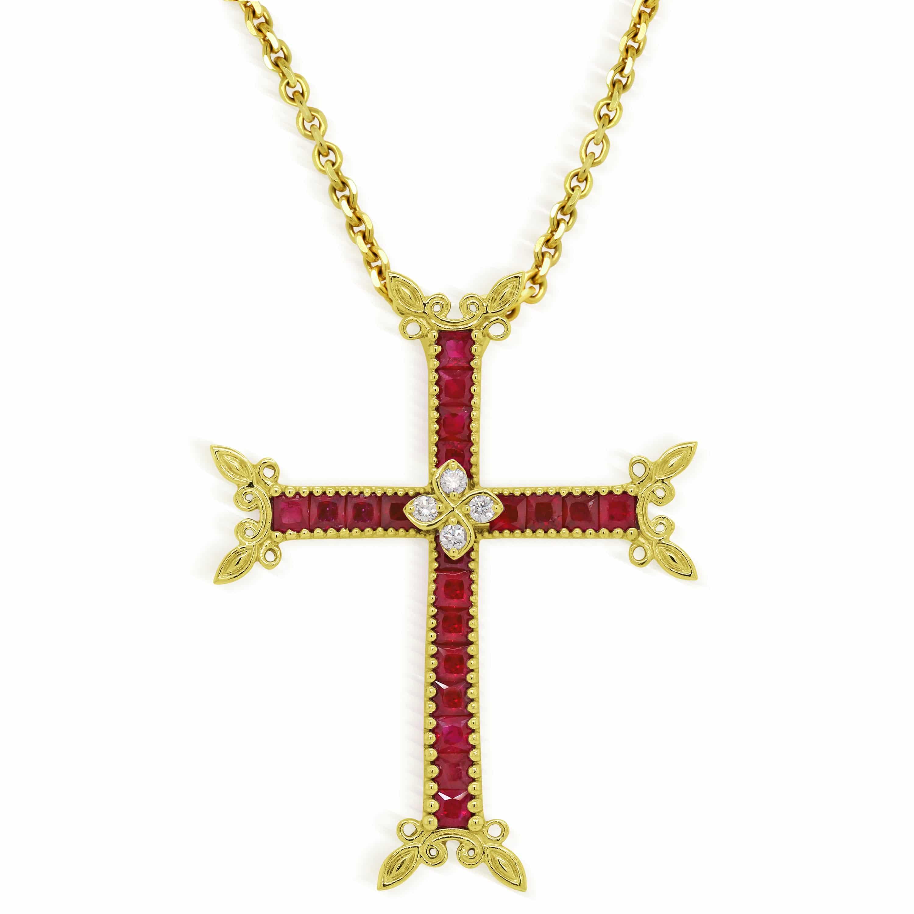 Stambolian 18K Gold Large Armenian Cross Pendant with Princess-Cut Rubies and Diamonds