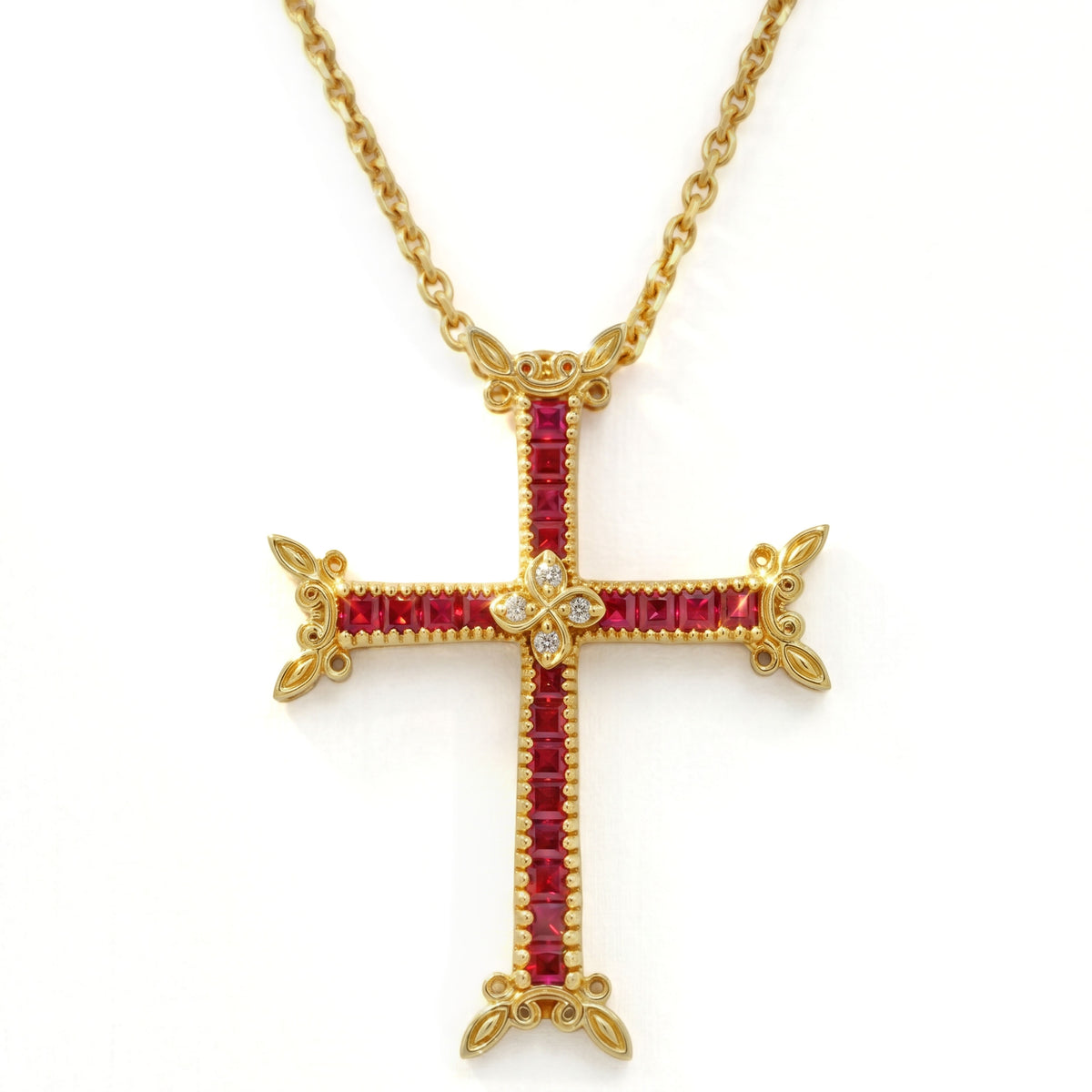 18K yellow gold cross pendant with channel-set rubies and diamond flower center, front view