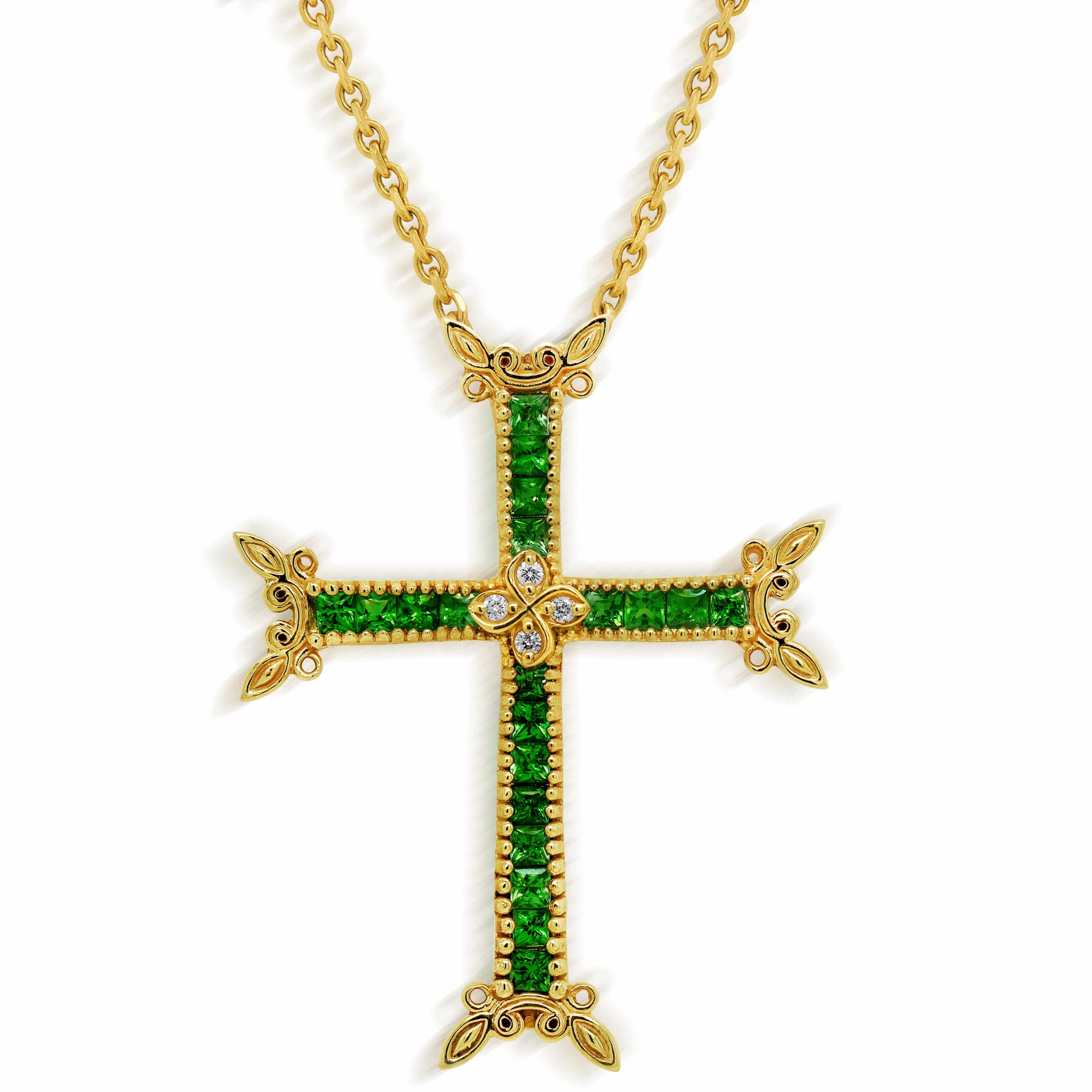 Stambolian 18K Gold Large Armenian Cross with Princess-Cut Tsavorite Garnets and Diamonds