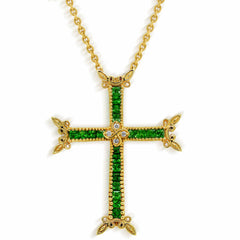 Stambolian 18K Gold Large Armenian Cross with Princess-Cut Tsavorite Garnets and Diamonds