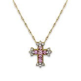Stambolian Small Armenian Cross Pendant with Pink Sapphires and Diamonds on Gold Chain