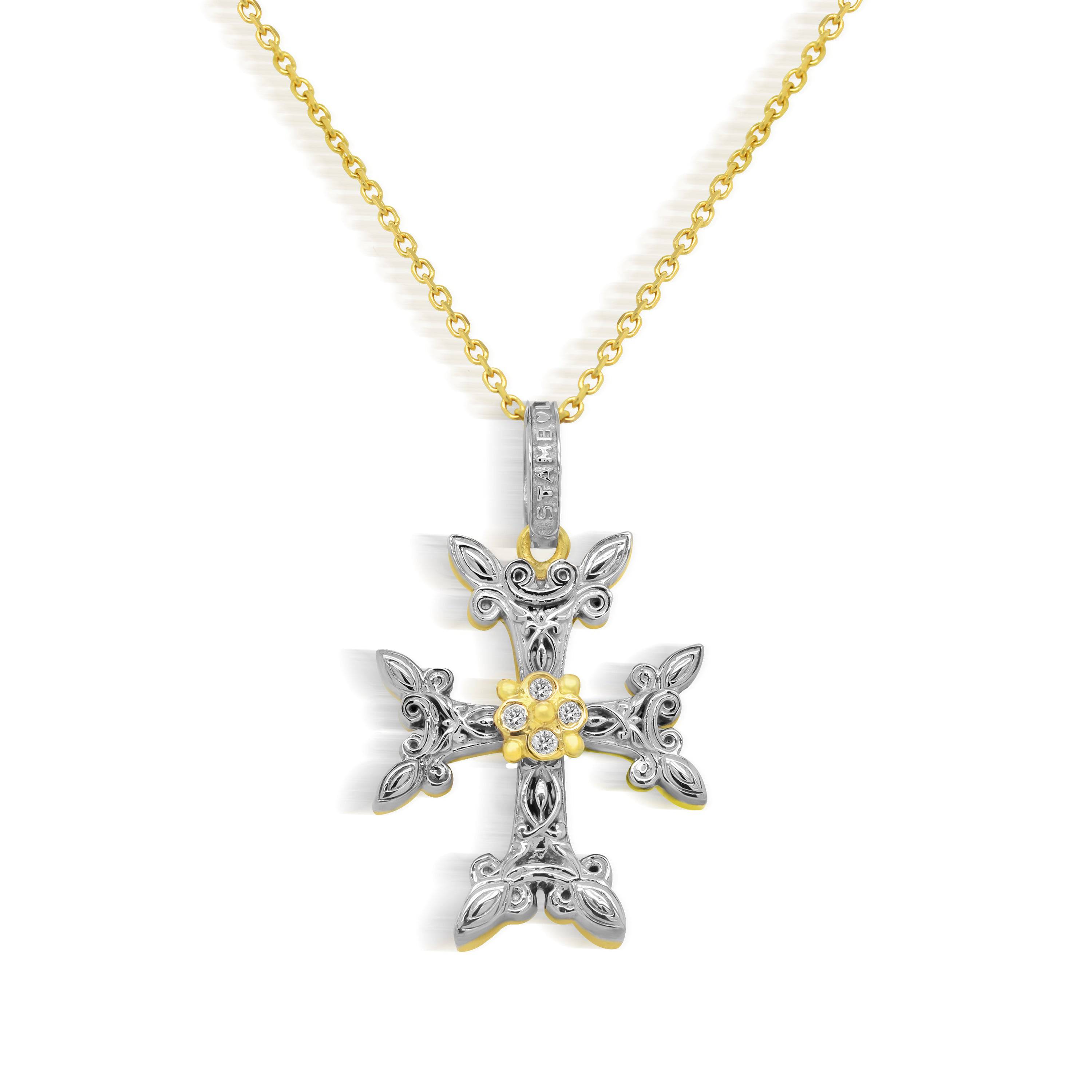 Stambolian Armenian Cross 18K Two Tone Gold Diamond Pendant Front View