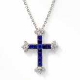 18K Gold Blue Sapphire Diamond Cross Pendant