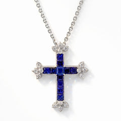 18K Gold Blue Sapphire Diamond Cross Pendant