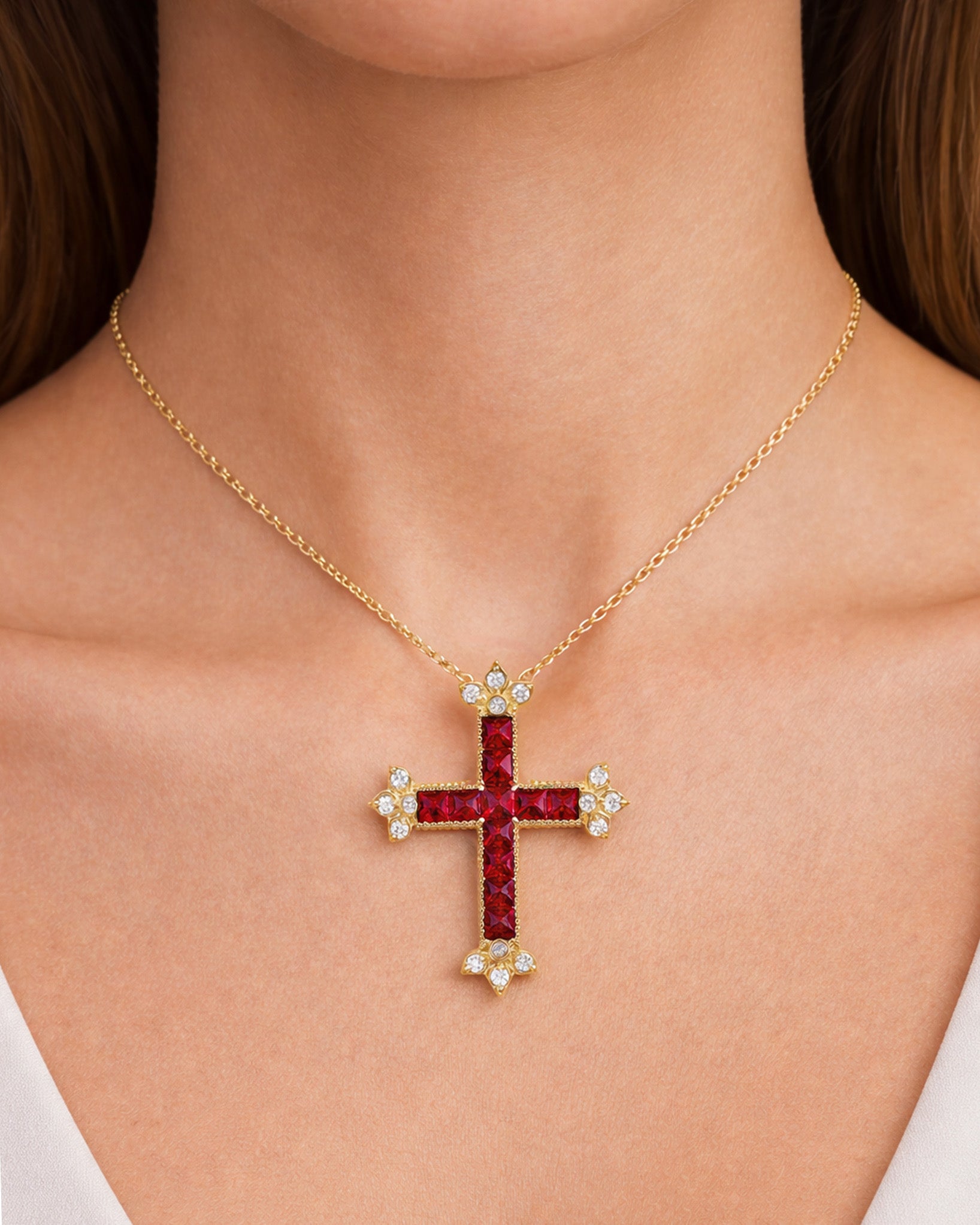 Stambolian 18K Gold Armenian Cross Pendant with Ruby and Diamond Fleur-de-Lis on Chain
