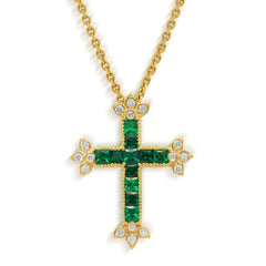 Stambolian 18K Gold Armenian Cross Pendant with Green Tsavorite Garnets and Diamonds