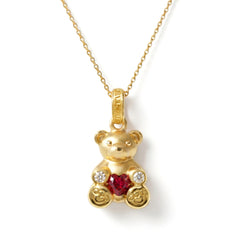 Teddy Bear Heart Ruby Diamond Charm Pendant