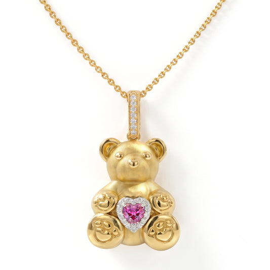 "Teddy Bear" 18K yellow gold enhancer charm pendant with heart shape pink sapphire and diamonds, front view