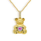 Stambolian 18K Gold Teddy Bear Pendant with Heart-Shaped Pink Sapphire and Diamond Halo