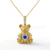 18K Gold Blue Sapphire Diamond Teddy Bear Pendant