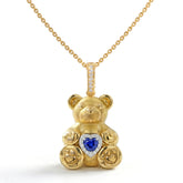 18K Gold Blue Sapphire Diamond Teddy Bear Pendant