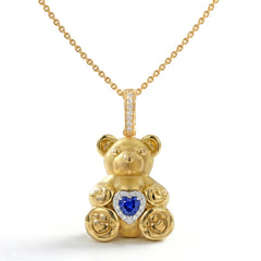 18K Gold Blue Sapphire Diamond Teddy Bear Pendant