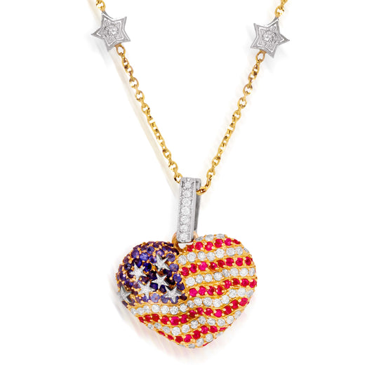 Stars and Stripes 18K rose and white gold USA flag heart pendant with ruby, sapphires and diamonds, shown with chain