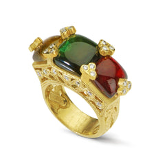 Stambolian Happiness 18K Gold Cabochon Tourmaline Diamond Three Stone Ring Angled View