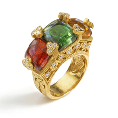 Happiness 18K Gold Cabochon Tourmaline Diamond Three Stone Ring
