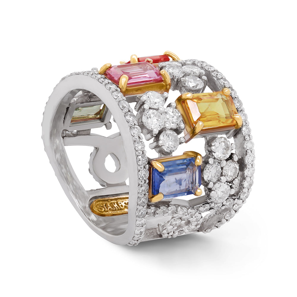 Stambolian 18K White Gold Multi-Color Sapphire and Diamond Wide Band Ring Front View