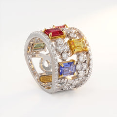 Multi Color Sapphire Diamond Wide Band Ring