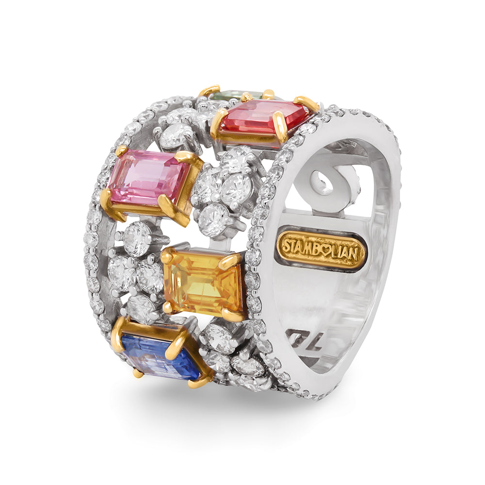 Stambolian 18K White Gold Multi-Color Sapphire and Diamond Wide Band Ring Front View