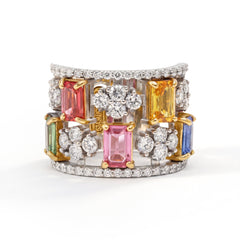 Multi Color Sapphire Diamond Wide Band Ring