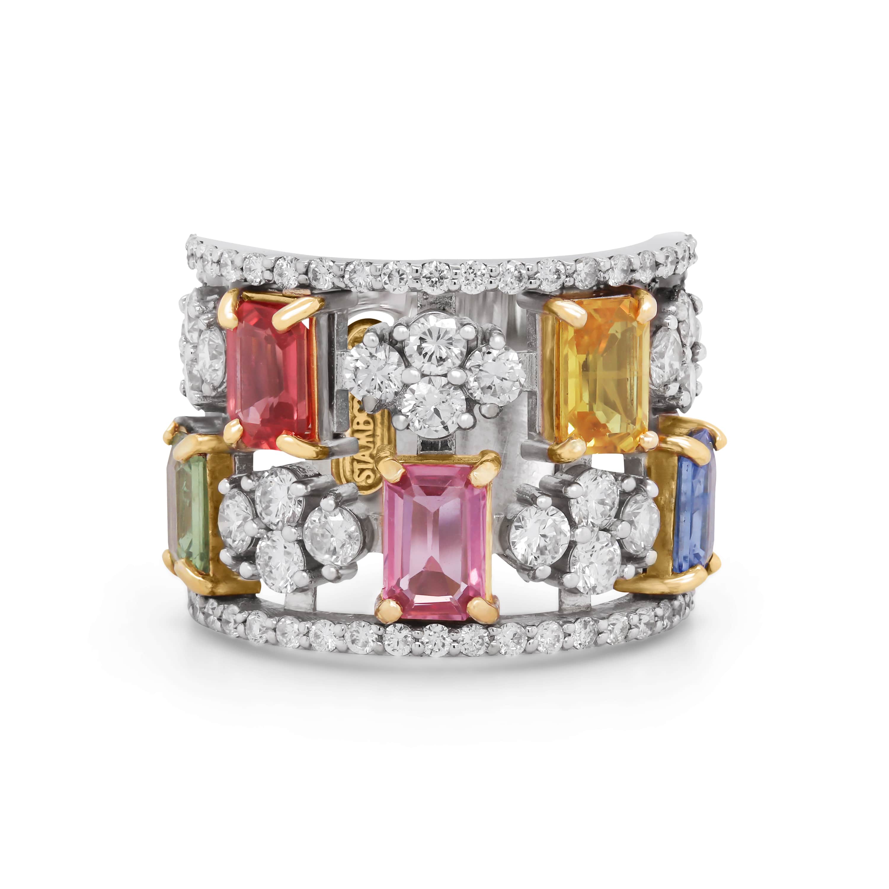 Stambolian 18K White Gold Multi-Color Sapphire and Diamond Wide Band Ring Front View