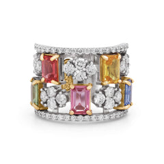 Stambolian 18K White Gold Multi-Color Sapphire and Diamond Wide Band Ring Front View