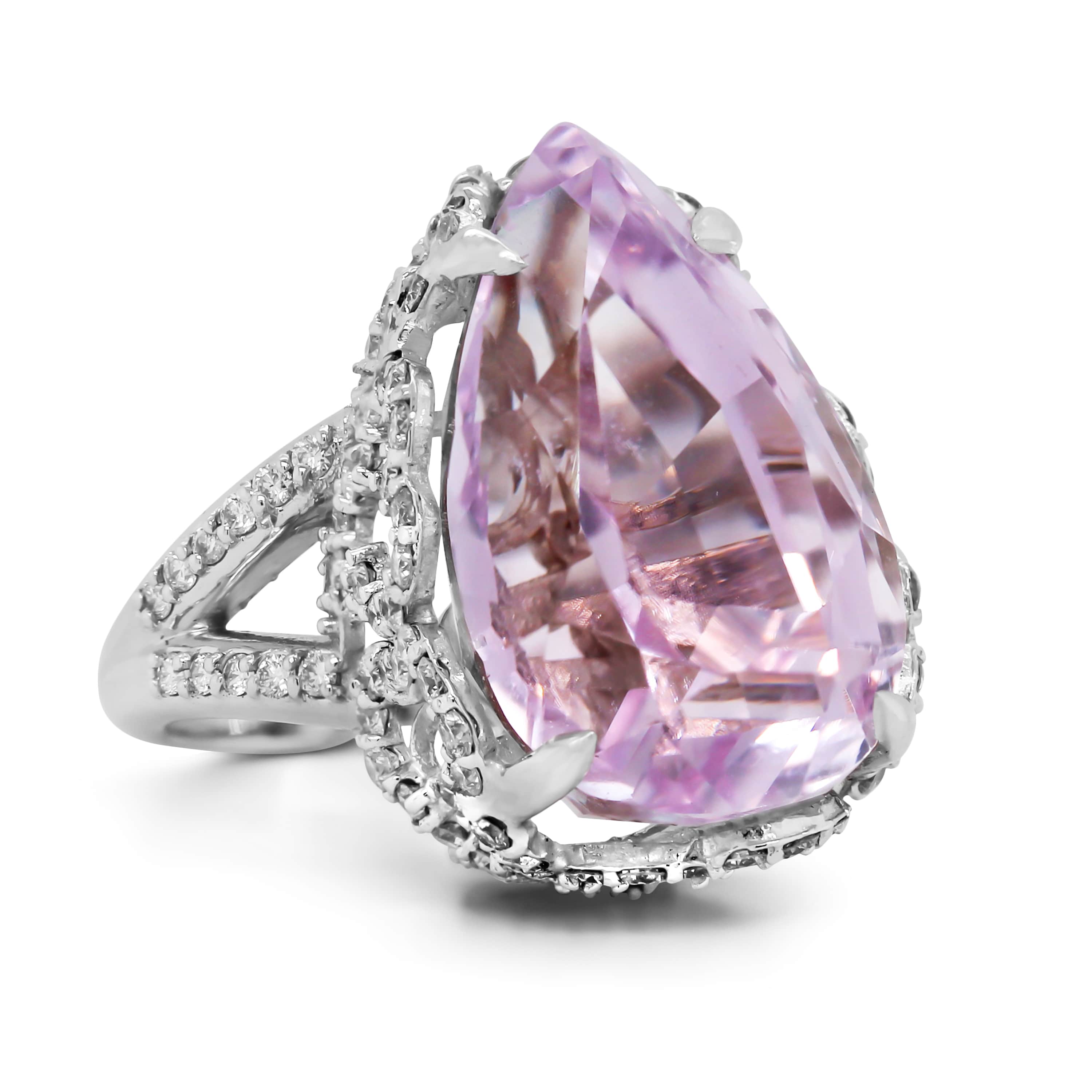 Stambolian 18K White Gold Pear-Cut Kunzite and Diamond Ring Front View