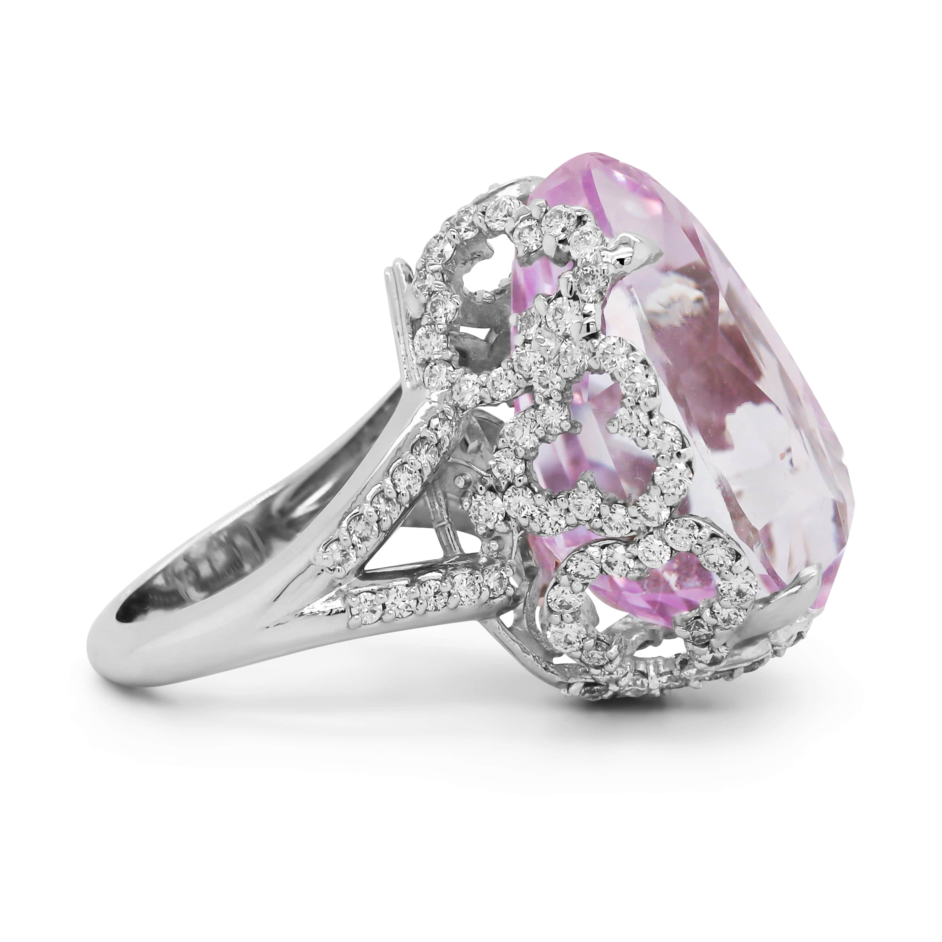 Stambolian 18K White Gold Pear-Cut Kunzite and Diamond Ring Front View