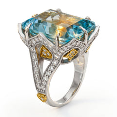 18K Two Tone Gold Aquamarine Diamond Ring