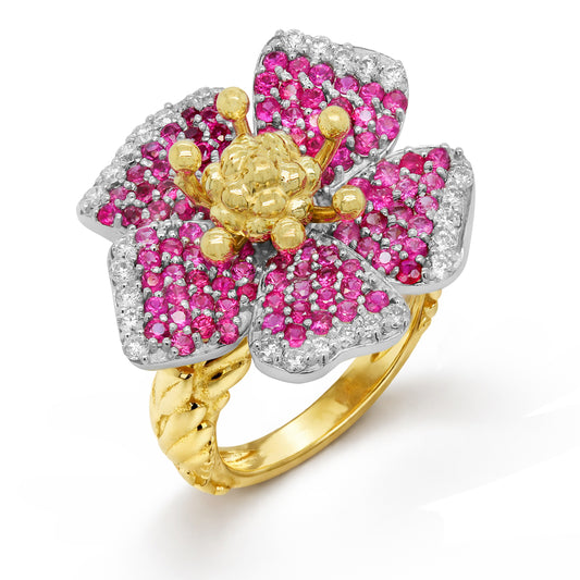 "Enchanted Garden" shaded pink sapphire and diamond flower ring in 18K gold, angled view