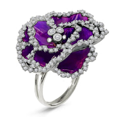AFRICAN VIOLET PURPLE ENAMEL 18K GOLD DIAMONDS FLOWER RING