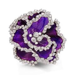 AFRICAN VIOLET PURPLE ENAMEL 18K GOLD DIAMONDS FLOWER RING
