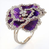 African Violet Enamel 18K Gold Diamond Flower Ring