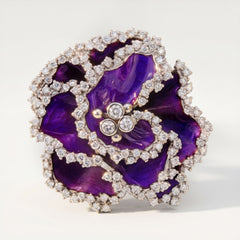 African Violet Enamel 18K Gold Diamond Flower Ring