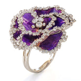 African Violet Enamel 18K Gold Diamond Flower Ring
