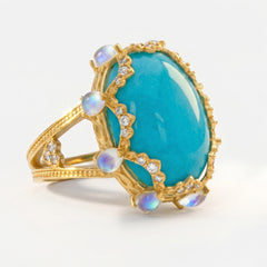 Happiness Turquoise Moonstone Diamond Crown Ring