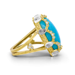 TURQUOISE RAINBOW MOONSTONES DIAMONDS RING